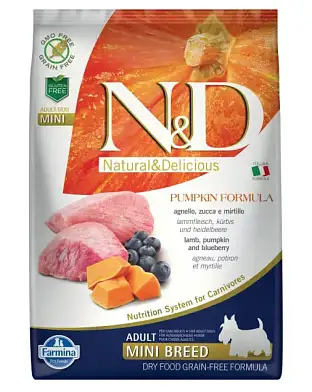 Farmina N&D Pumpkin Dog Grain Free Lamb & Blueberry Adult Mini сухой беззерновой корм для взрослых собак мелких пород с ягненком, черникой и тыквой